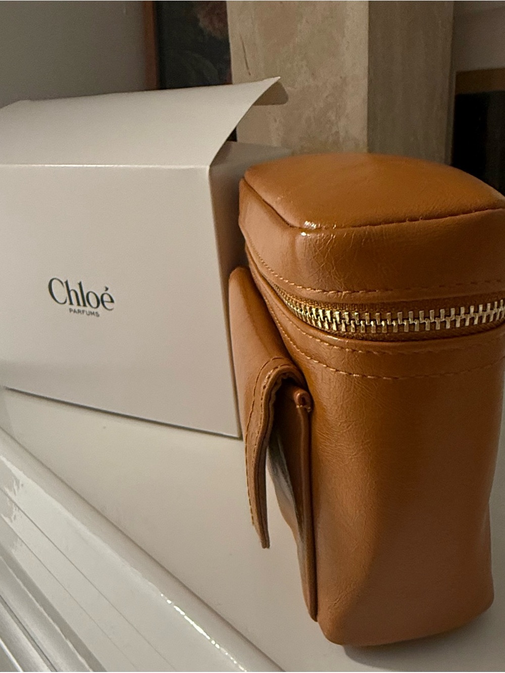 Chloé Cognac Faux Leather Toiletry Case with Front Pocket - Picture 3 of 6